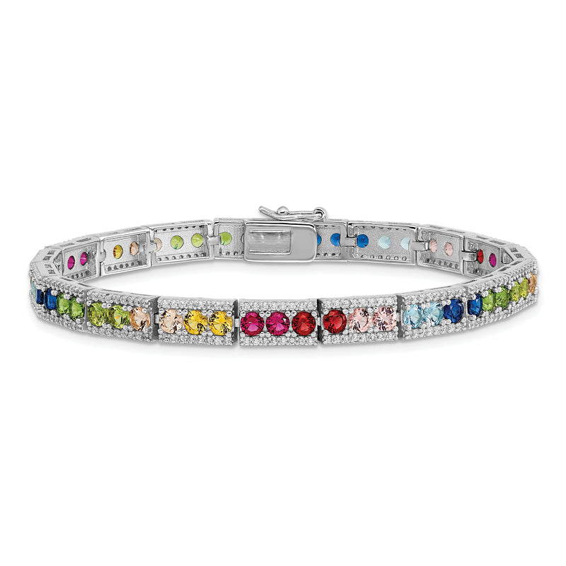 Sterling Silver Rhodium-plated CZ and Multicolor Nano Crystals Bracelet