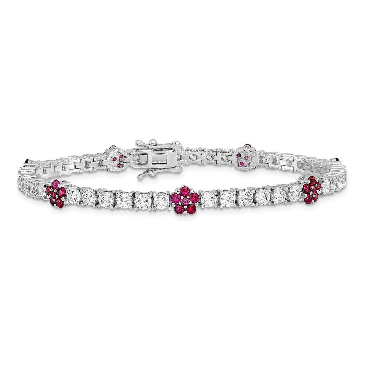 Sterling Silver Rhodium-plated Created Ruby CZ Flower 7in Bracelet