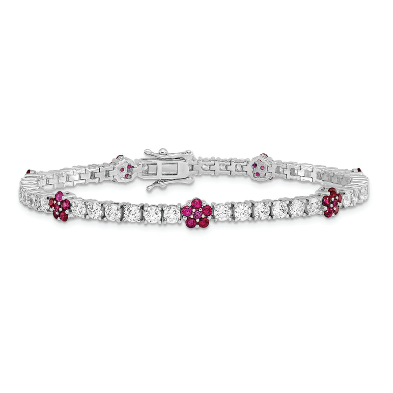 Sterling Silver Rhodium-plated Created Ruby CZ Flower 7in Bracelet