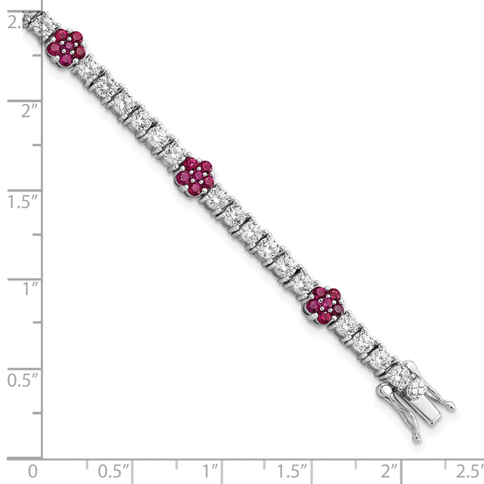 Sterling Silver Rhodium-plated Created Ruby CZ Flower 7in Bracelet