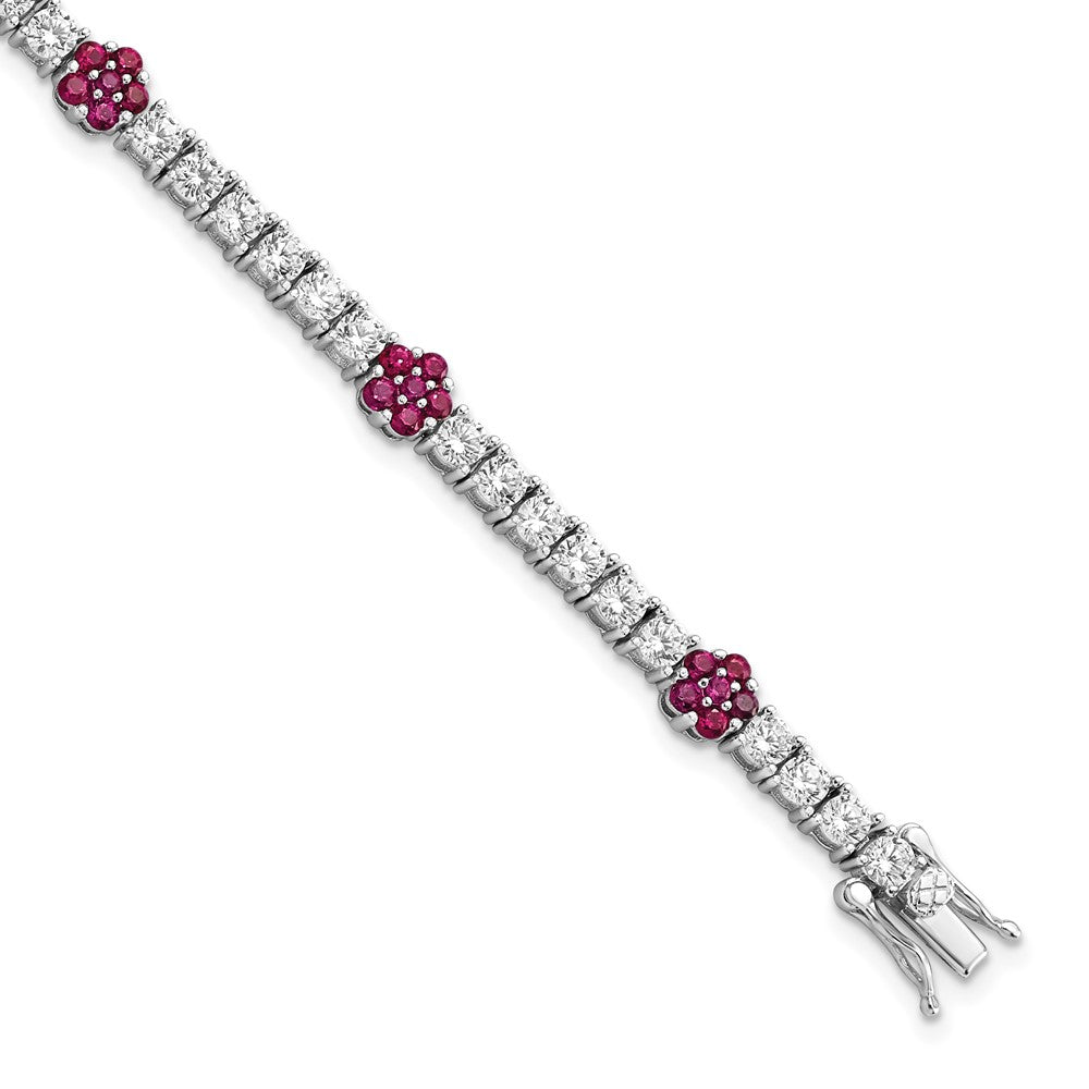 Sterling Silver Rhodium-plated Created Ruby CZ Flower 7in Bracelet