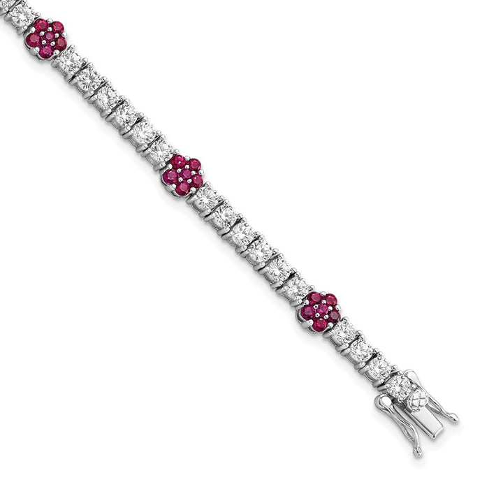 Sterling Silver Rhodium-plated Created Ruby CZ Flower 7in Bracelet