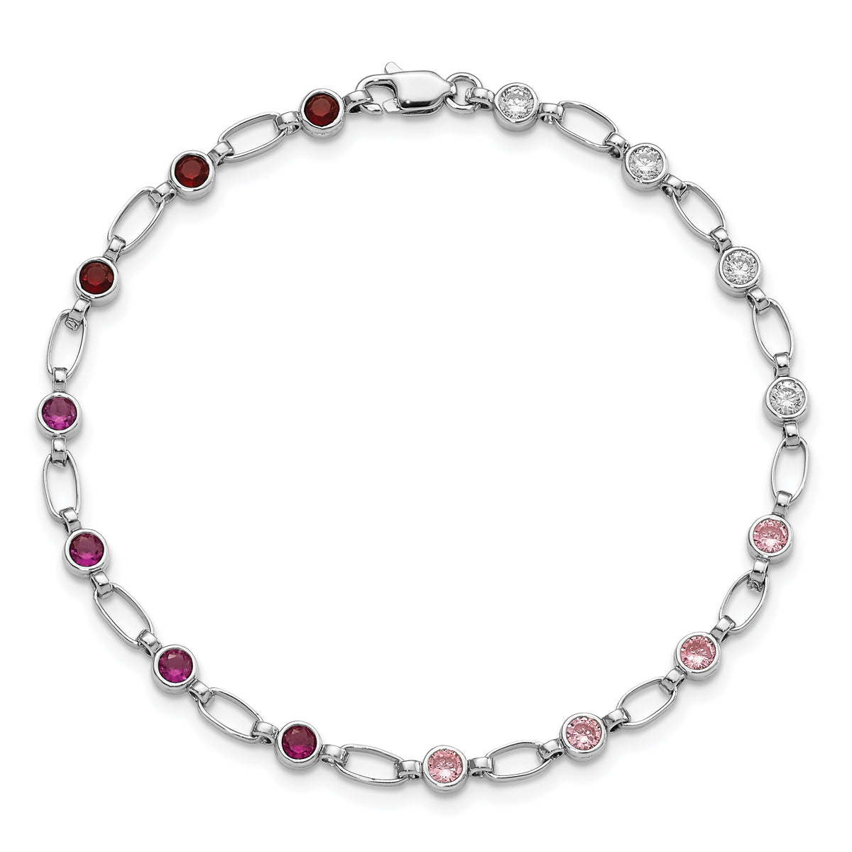 Sterling Silver Rhodium-plated Polished Red Pink Clear CZ Bracelet