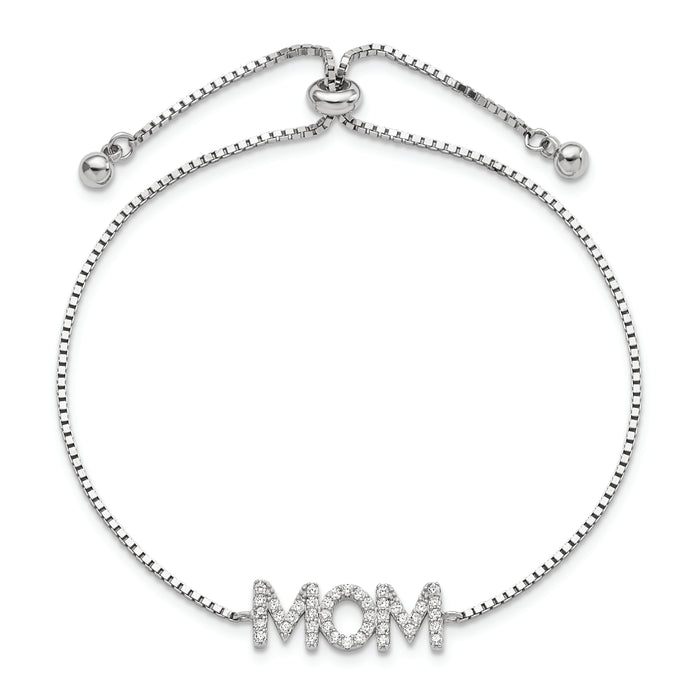 Sterling Silver Polished Rhodium-plated Pav? CZ MOM Adjustable Bracelet