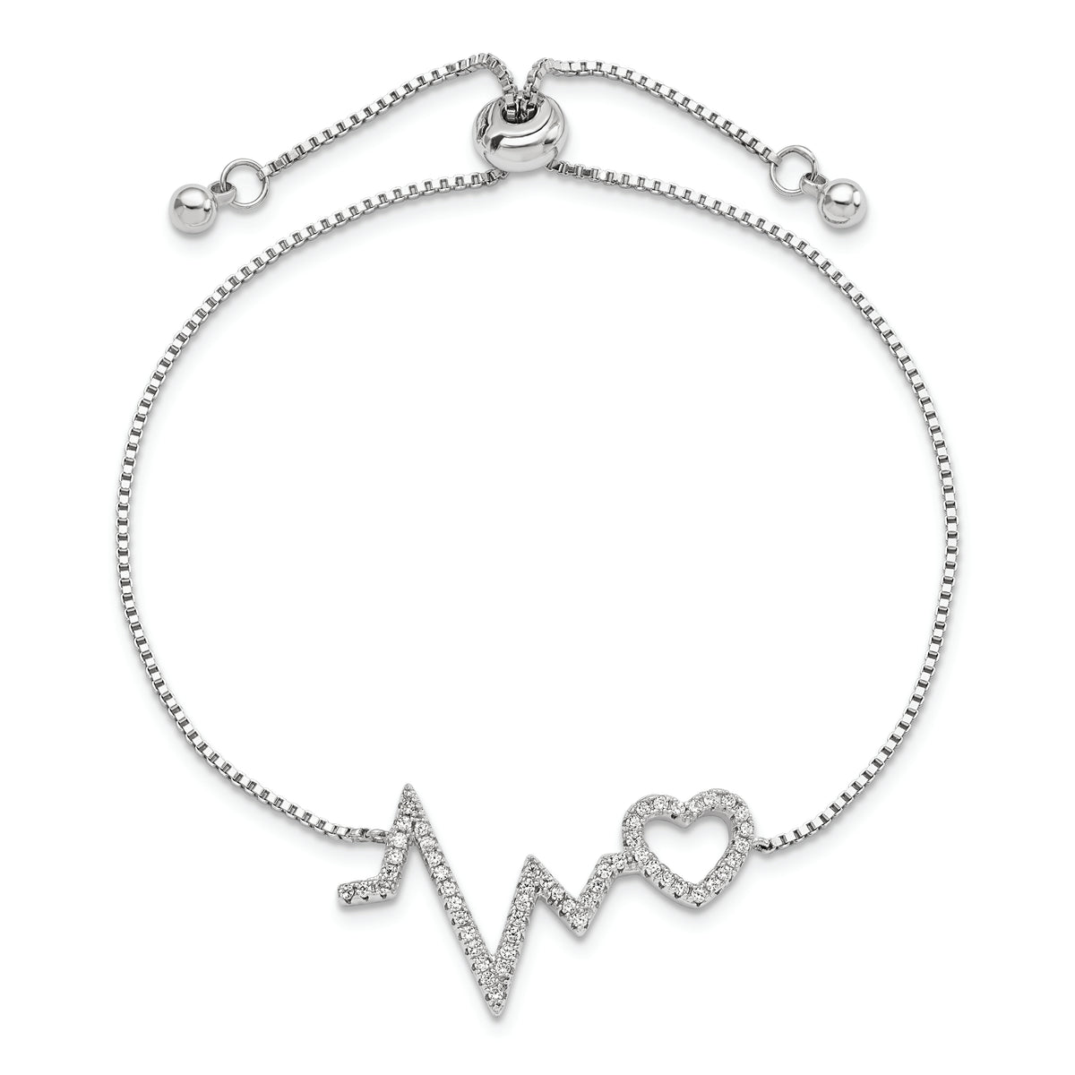 Sterling Silver Polished Rhodium Micro Pav? CZ Heartbeat Adj. Bracelet