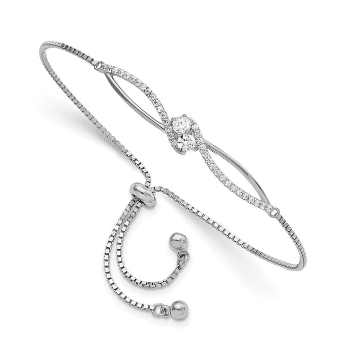 Sterling Silver Polished Rhodium-plated CZ Adjustable Bracelet