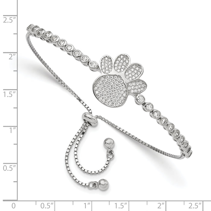 Sterling Silver Rhodium Micro Pav? CZ Pawprint Adjustable Bracelet