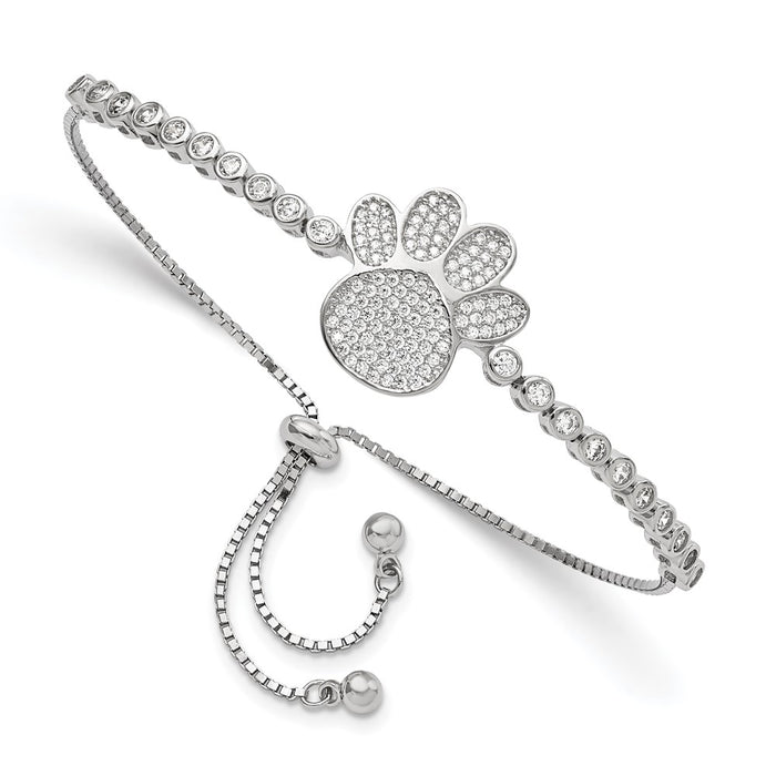 Sterling Silver Rhodium Micro Pav? CZ Pawprint Adjustable Bracelet