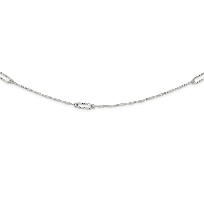 Sterling Silver Rhodium-plated Diamond-cut Oval Link Necklace