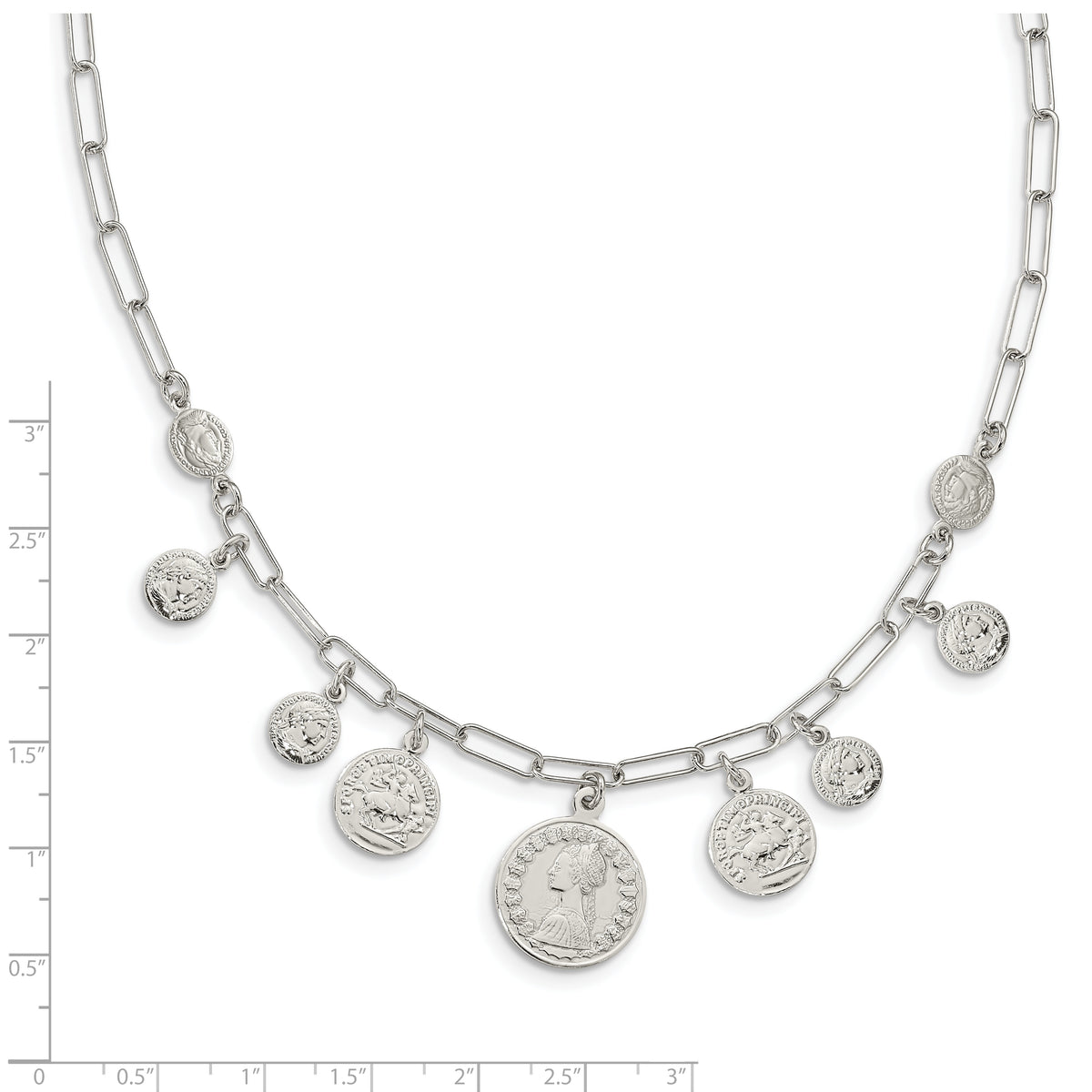 Sterling Silver Rhodium-plated Polished Coin w/ 2in ext. Necklace