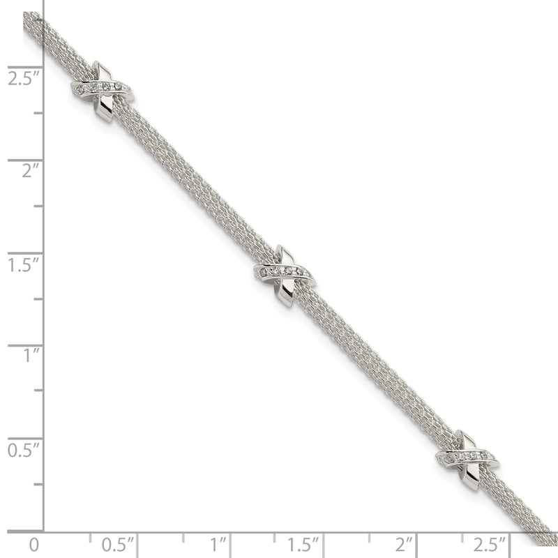 Sterling Silver Rhodium-plated Polished CZ Xs w/ 1in ext Bracelet