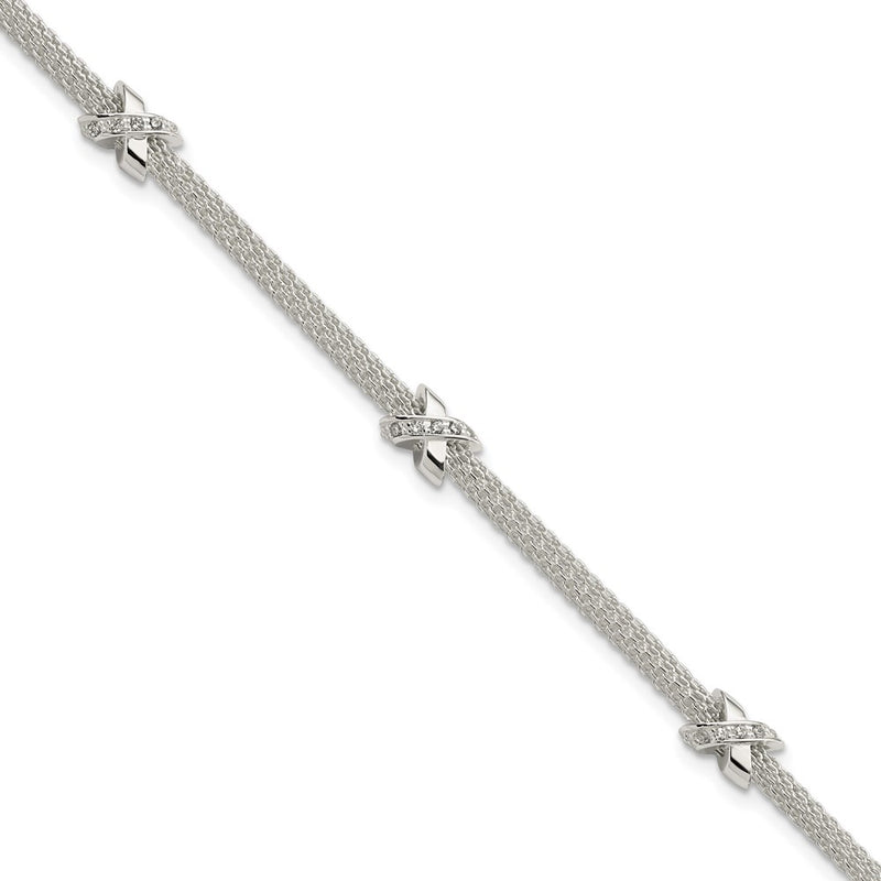 Sterling Silver Rhodium-plated Polished CZ Xs w/ 1in ext Bracelet