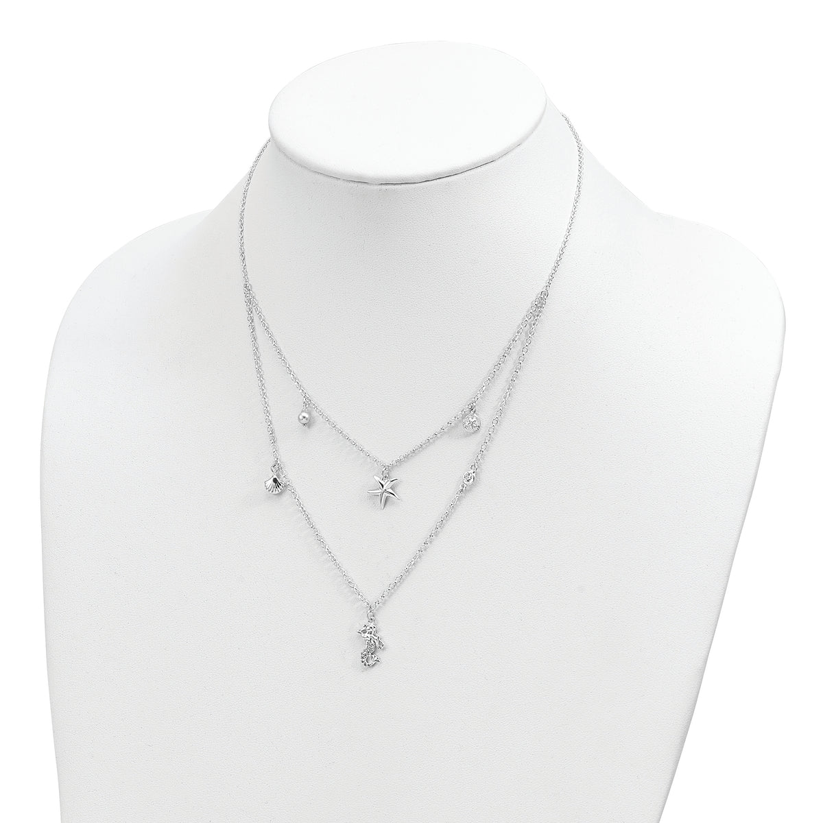 Sterling Silver CZ 7 Imitation Pearl Beach Theme 2-Strand Necklace