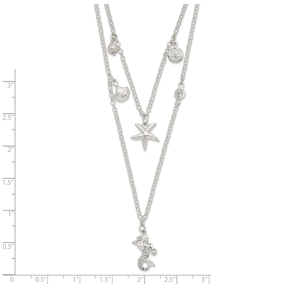 Sterling Silver CZ 7 Imitation Pearl Beach Theme 2-Strand Necklace