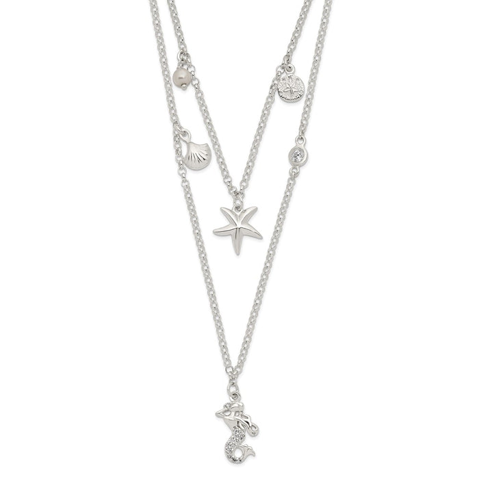 Sterling Silver CZ 7 Imitation Pearl Beach Theme 2-Strand Necklace