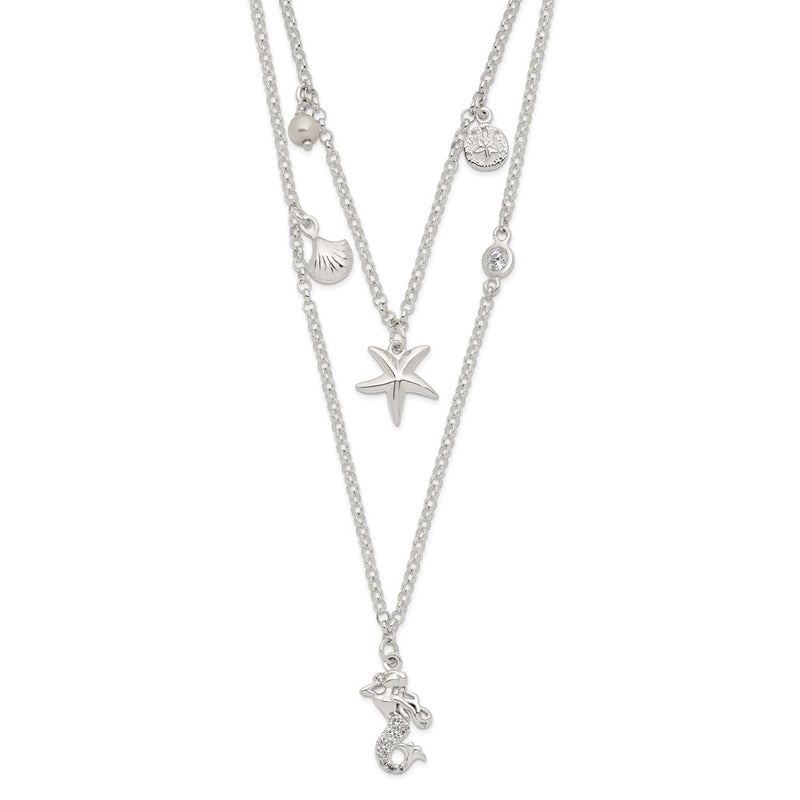 Sterling Silver CZ 7 Imitation Pearl Beach Theme 2-Strand Necklace