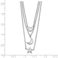 Sterling Silver Rhodium-plated Heart, Moon, Star w/2 in ext. Necklace