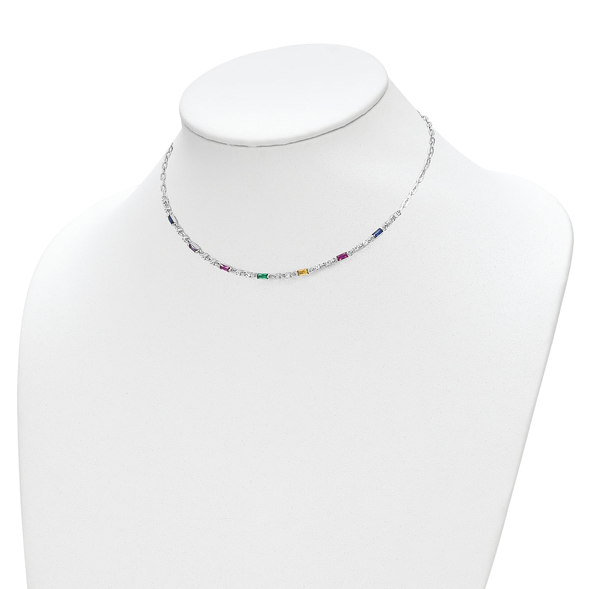 Sterling Silver Rhodium-plated Polished Multi-color CZ w/ 2 IN EXT Choker