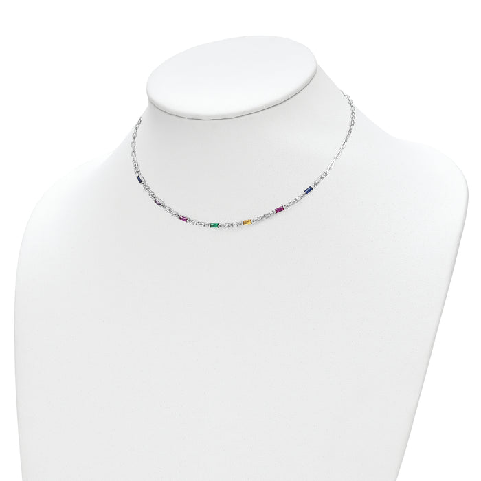 Sterling Silver Rhodium-plated Polished Multi-color CZ w/ 2 IN EXT Choker