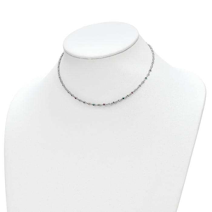 Sterling Silver Rhodium-plated Polished Multi-color CZ w/3 IN EXT Choker