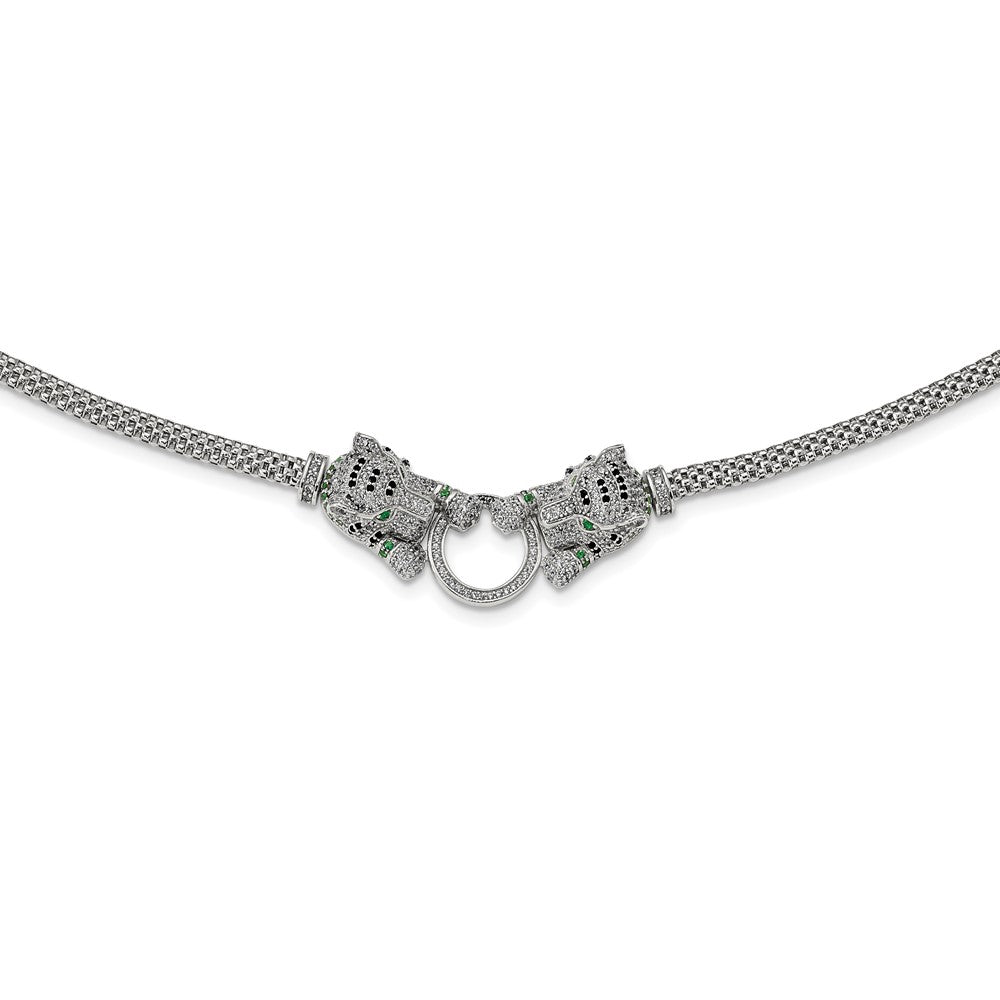 Sterling Silver Rhodium-plated Polished Tigers Holding Ring CZ Necklace