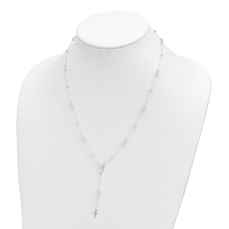 Sterling Silver Polished Mary and Cross Y-drop 1.75in ext. Necklace