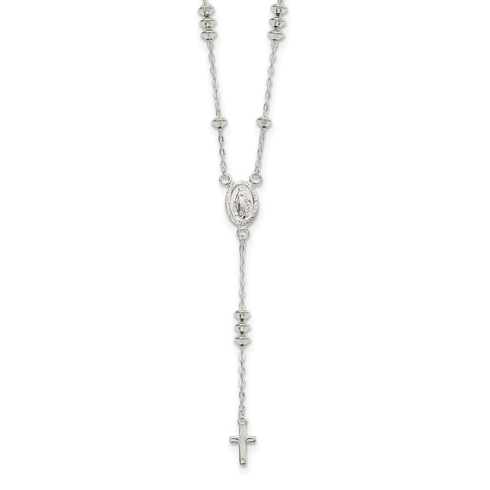 Sterling Silver Polished Mary and Cross Y-drop 1.75in ext. Necklace