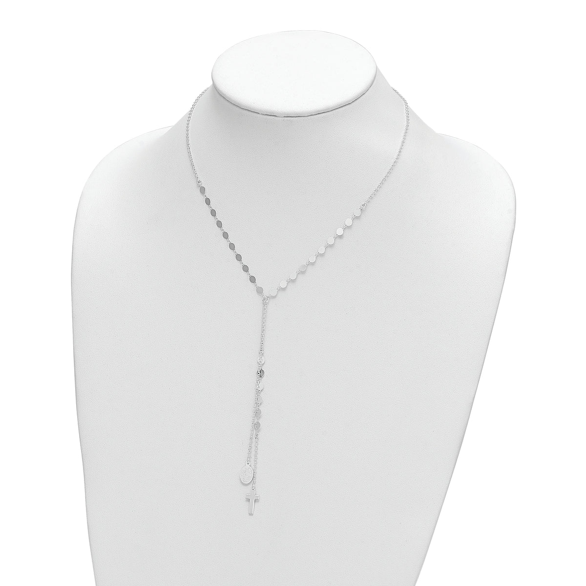 Sterling Silver Polished Miraculous Medal and Cross Drop Necklace