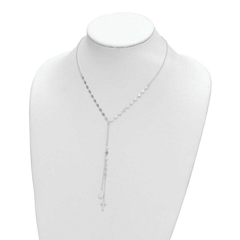 Sterling Silver Polished Miraculous Medal and Cross Drop Necklace