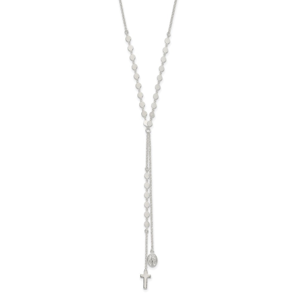 Sterling Silver Polished Miraculous Medal and Cross Drop Necklace