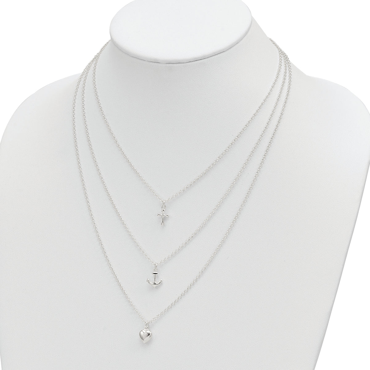 Sterling Silver Cross, Anchor, Heart Multi Strand Necklace