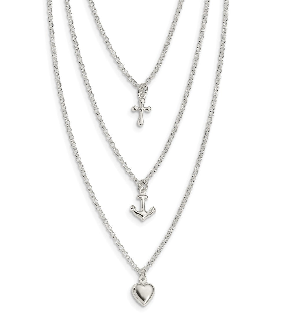 Sterling Silver Cross, Anchor, Heart Multi Strand Necklace