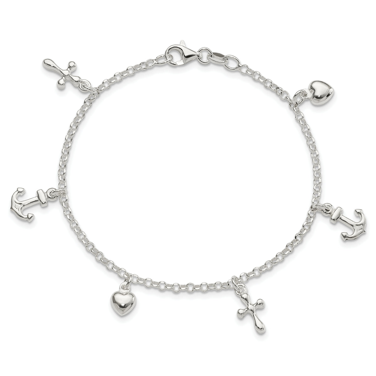 Sterling Silver Cross, Anchor, Heart Bracelet