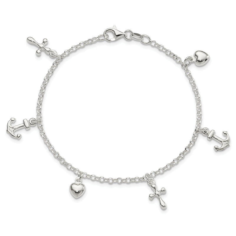 Sterling Silver Cross, Anchor, Heart Bracelet