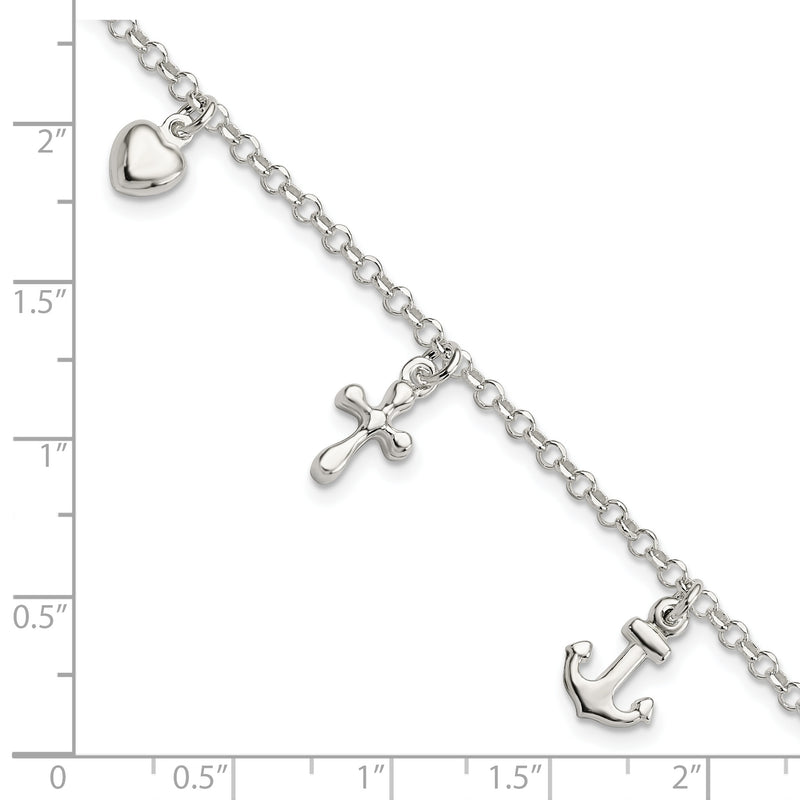 Sterling Silver Cross, Anchor, Heart Bracelet