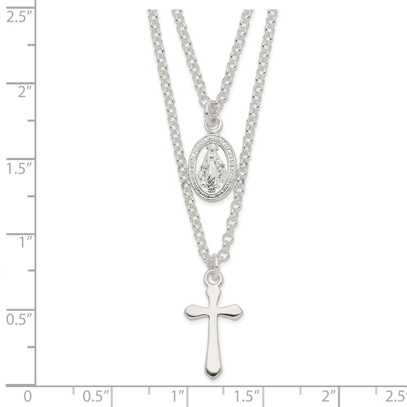 Sterling Silver Polished Medallion & Cross Necklace