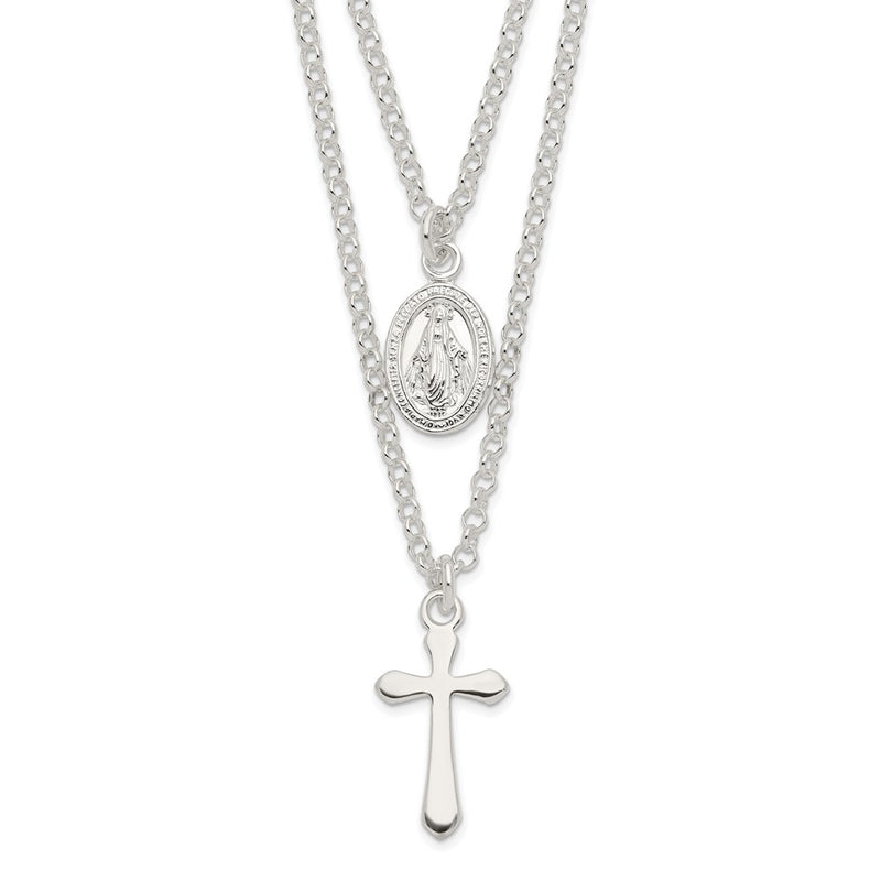 Sterling Silver Polished Medallion & Cross Necklace