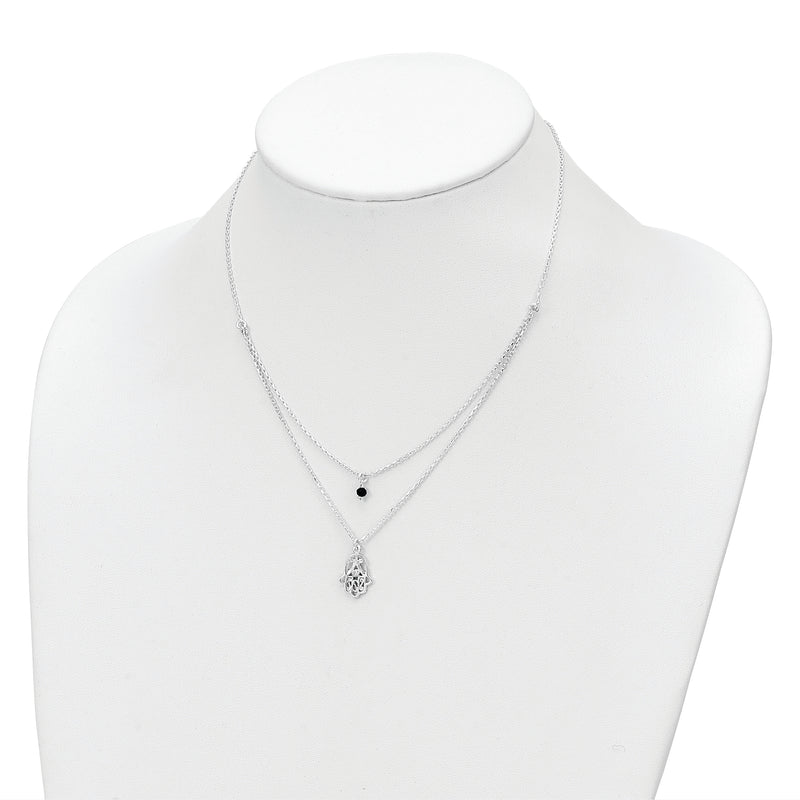 Sterling Silver Black Glass Stone and White CZ 2-Strand Hamsa Necklace