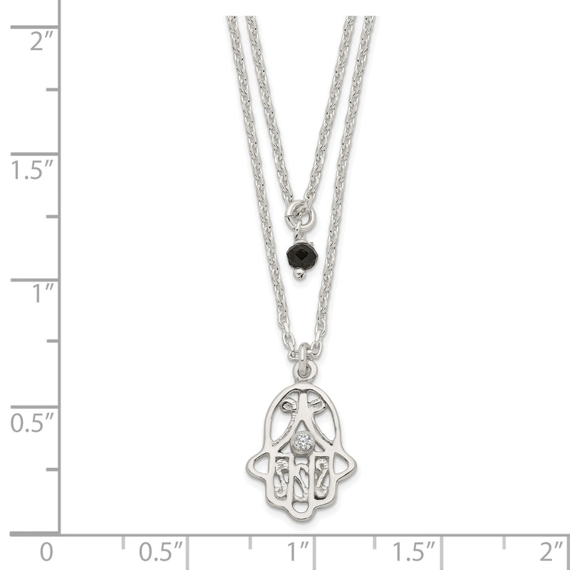 Sterling Silver Black Glass Stone and White CZ 2-Strand Hamsa Necklace