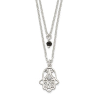 Sterling Silver Black Glass Stone and White CZ 2-Strand Hamsa Necklace