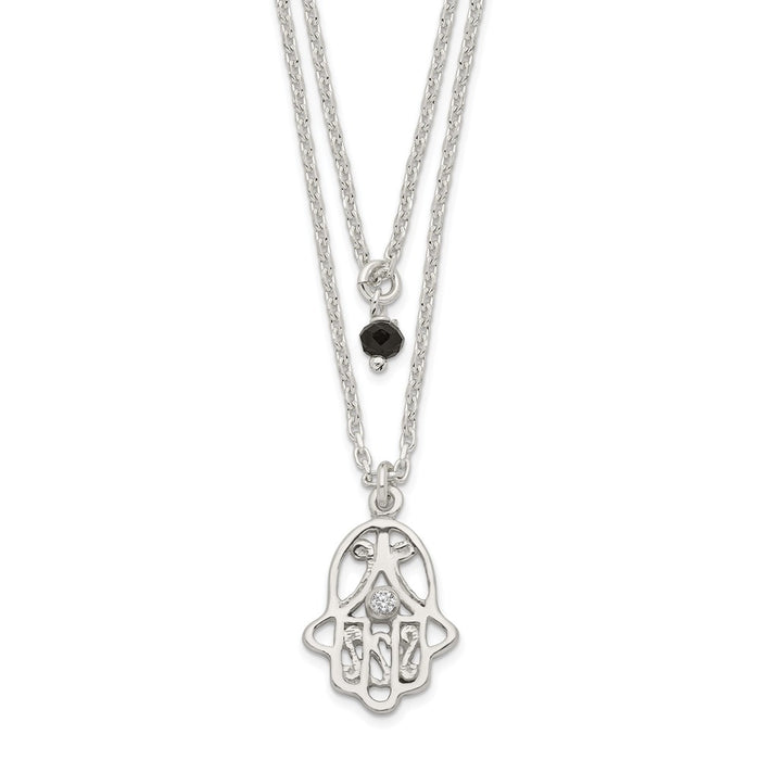 Sterling Silver Black Glass Stone and White CZ 2-Strand Hamsa Necklace