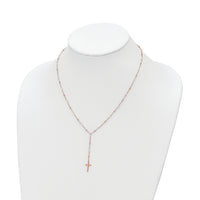 Sterling Silver Rose-tone Rose Quartz Beaded Cross w/2 in ext. Necklace