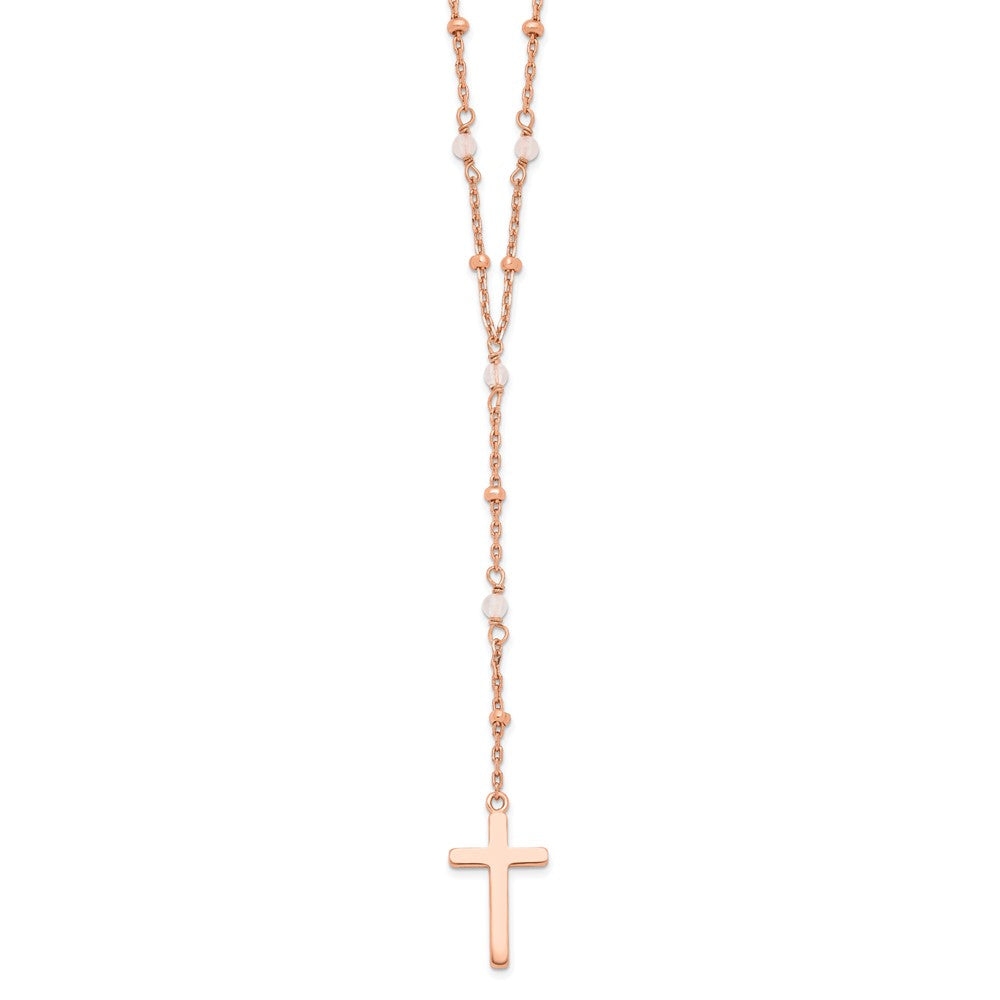 Sterling Silver Rose-tone Rose Quartz Beaded Cross w/2 in ext. Necklace