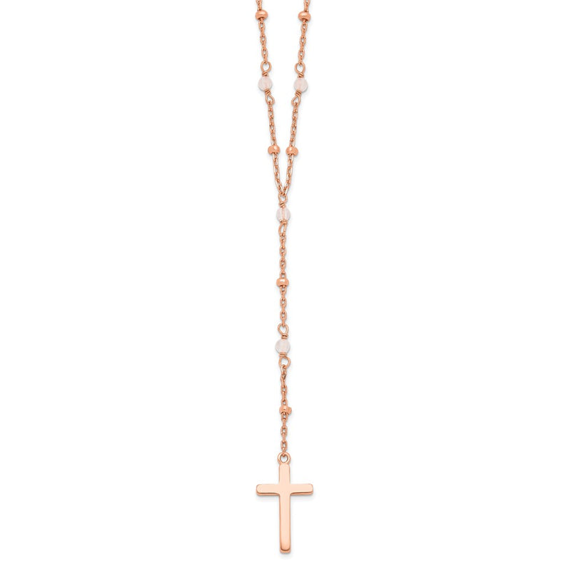 Sterling Silver Rose-tone Rose Quartz Beaded Cross w/2 in ext. Necklace