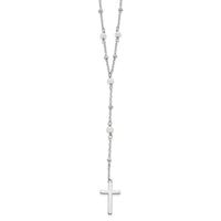 Sterling Silver Rhodium-plated Beaded FWC Pearl Cross w/2 in ext. Necklace