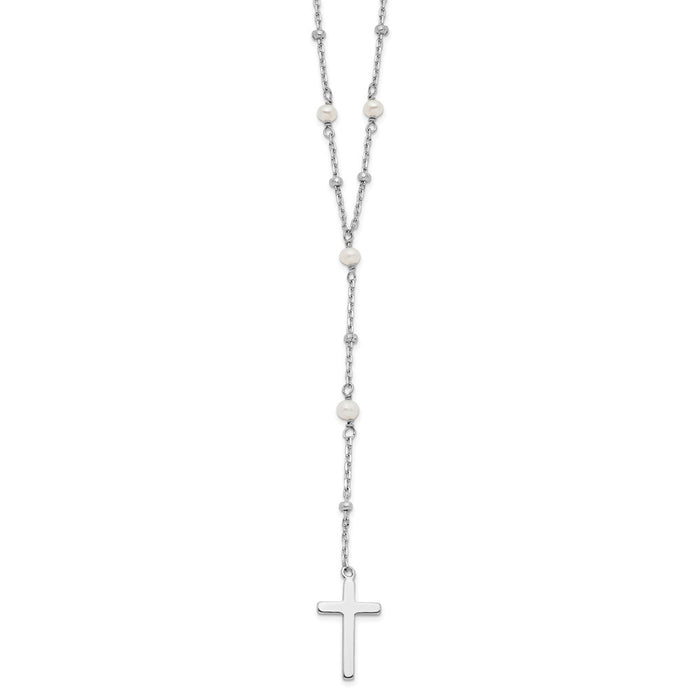 Sterling Silver Rhodium-plated Beaded FWC Pearl Cross w/2 in ext. Necklace