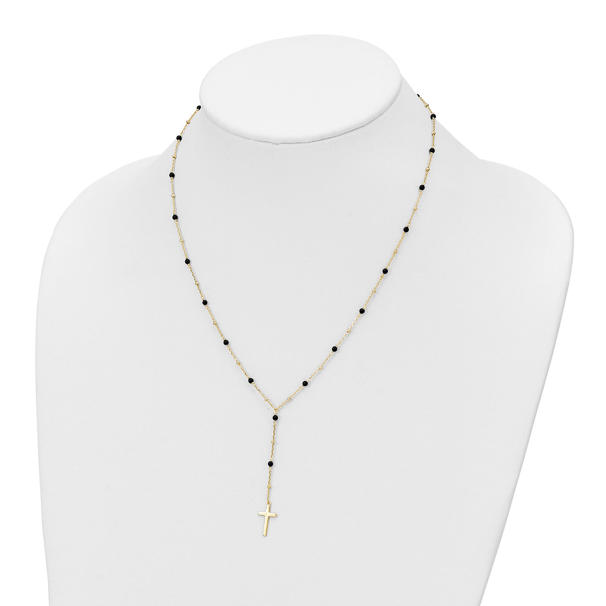 Sterling Silver Gold-tone Beaded Onyx Cross w/2 in ext. Necklace