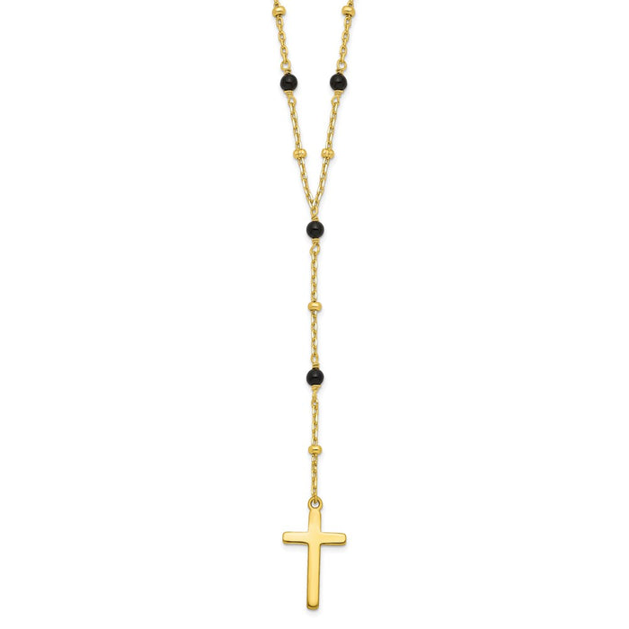 Sterling Silver Gold-tone Beaded Onyx Cross w/2 in ext. Necklace