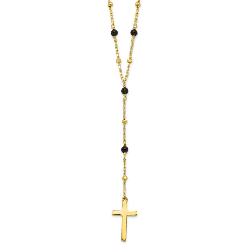 Sterling Silver Gold-tone Beaded Onyx Cross w/2 in ext. Necklace