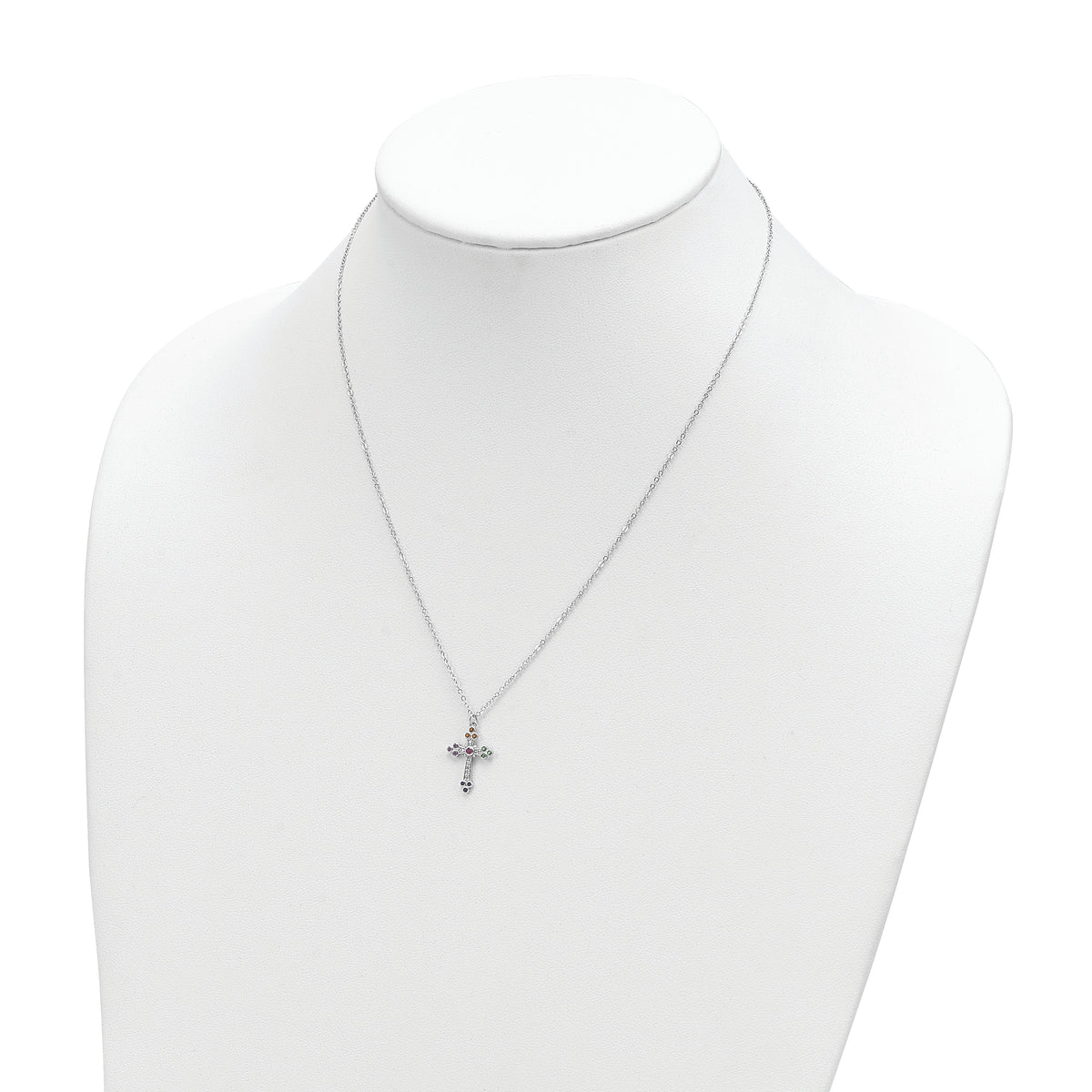 Sterling Silver Rhodium-plated Polished Multi-color CZ Cross Necklace